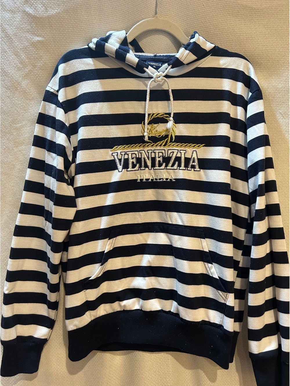 Venezia XL Blue and White Striped Hoodie with Front Pocket and Embroidered Logo
